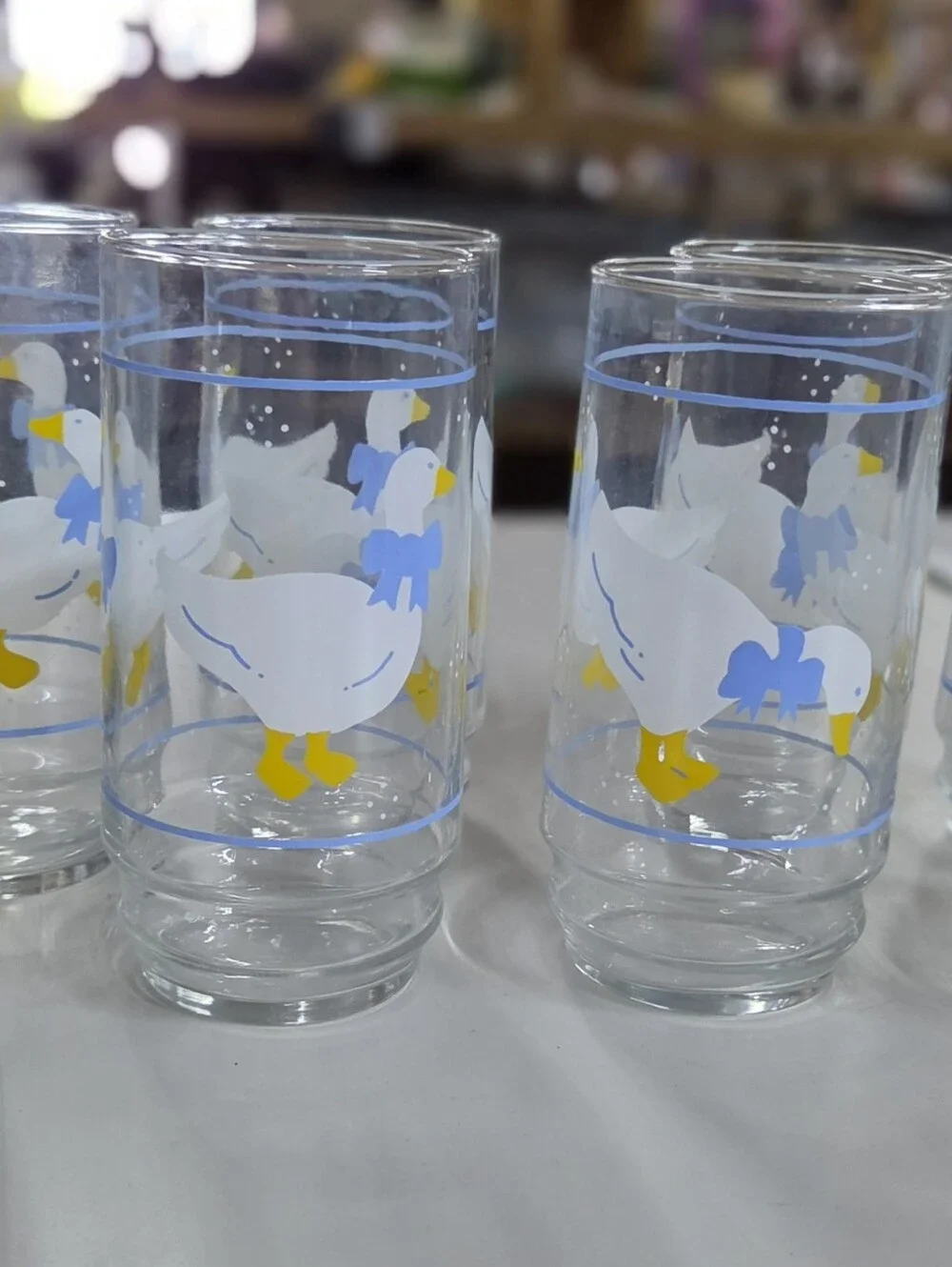 Vtg 1980s Country Goose Drinking Glasses Set of 8 | Blue Bow Farmhouse Tumblers